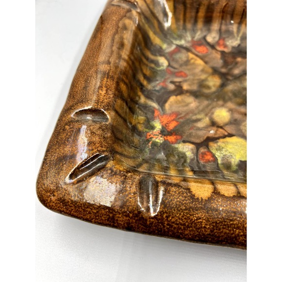 Vintage MCM Ceramic Ashtray Brown Multi Color 12" Square Cigar Ashtray - Picture 3 of 7